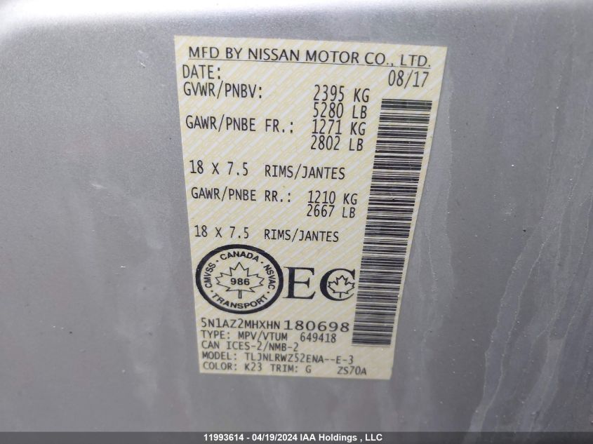 2017 Nissan Murano VIN: 5N1AZ2MHXHN180698 Lot: 11993614