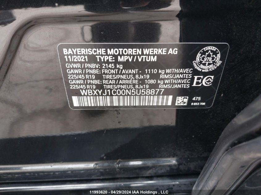 2022 BMW X2 xDrive28I VIN: WBXYJ1C00N5U58877 Lot: 11993620