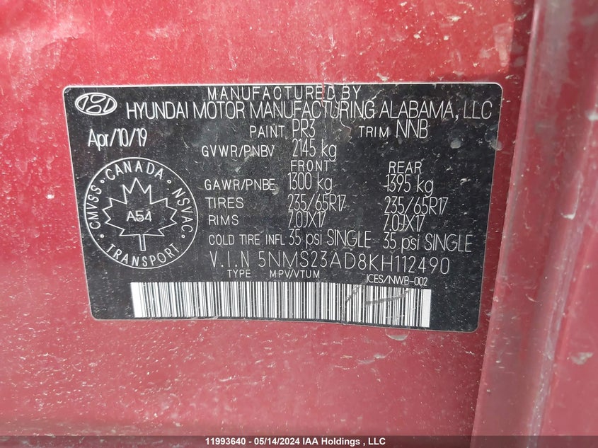 2019 Hyundai Santa Fe VIN: 5NMS23AD8KH112490 Lot: 11993640