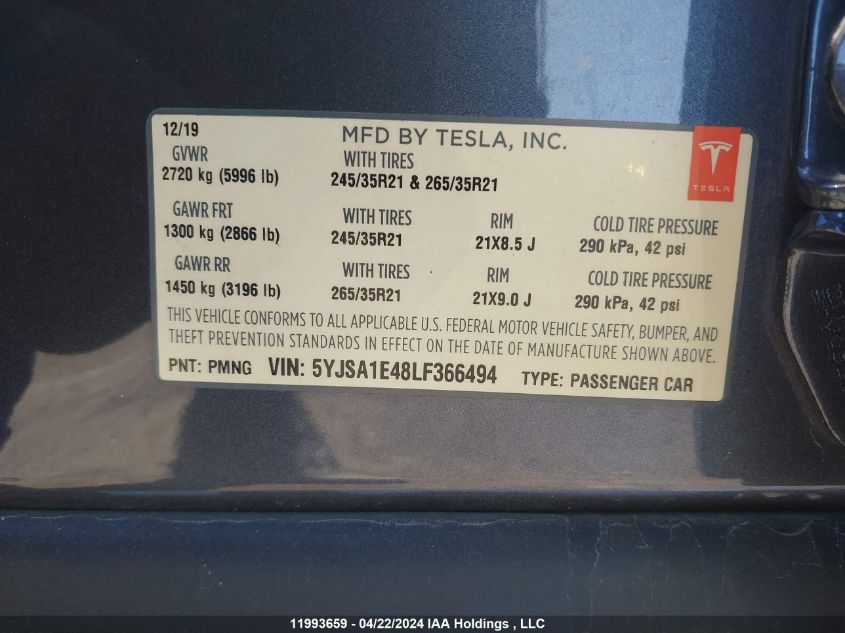 2020 Tesla Model S VIN: 5YJSA1E48LF366494 Lot: 11993659