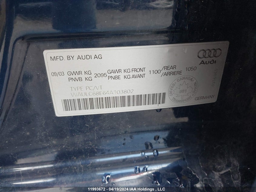 2004 Audi A4 VIN: WAULC68E64A103802 Lot: 11993672