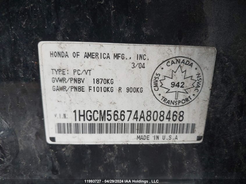 2004 Honda Accord Sdn VIN: 1HGCM56674A808468 Lot: 11993727