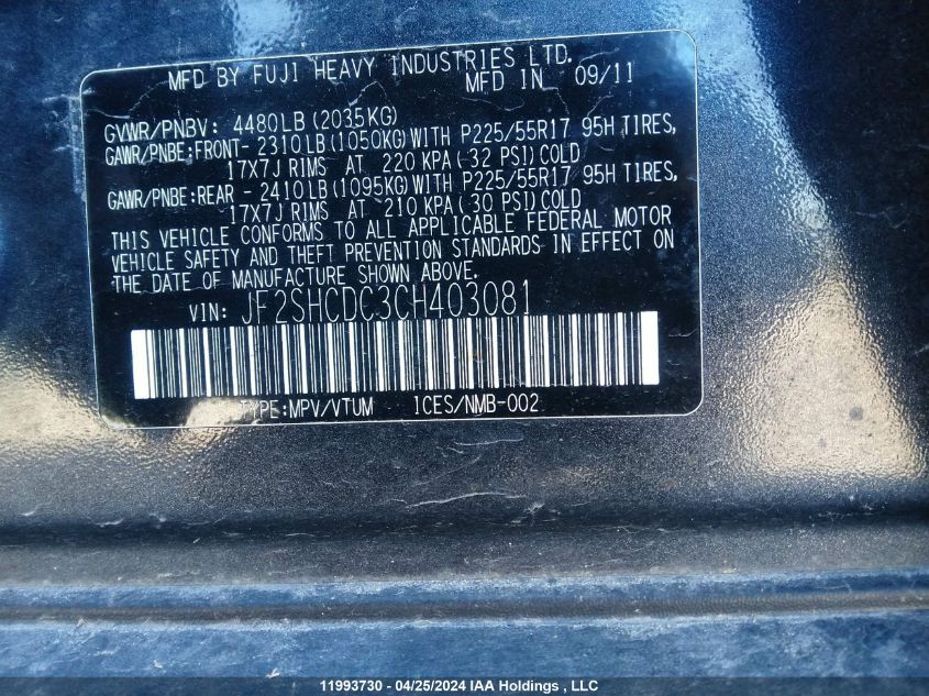 2012 Subaru Forester 2.5X Premium VIN: JF2SHCDC3CH403081 Lot: 11993730