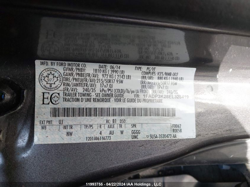 2014 Ford Focus VIN: 1FADP3K28EL328419 Lot: 11993755