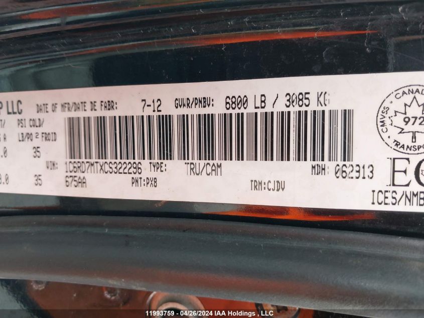 2012 Ram 1500 Sport VIN: 1C6RD7MTXCS322296 Lot: 11993759