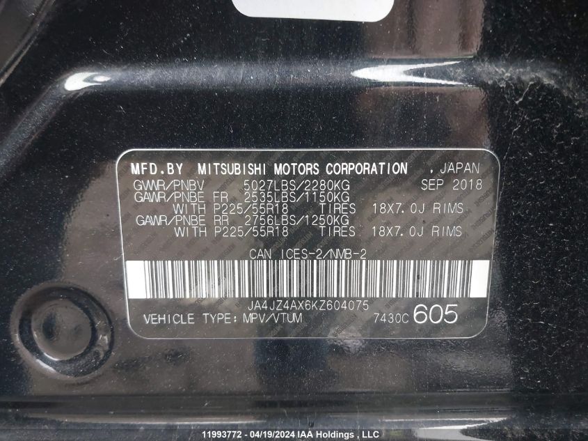 2019 Mitsubishi Outlander VIN: JA4JZ4AX6KZ604075 Lot: 11993772