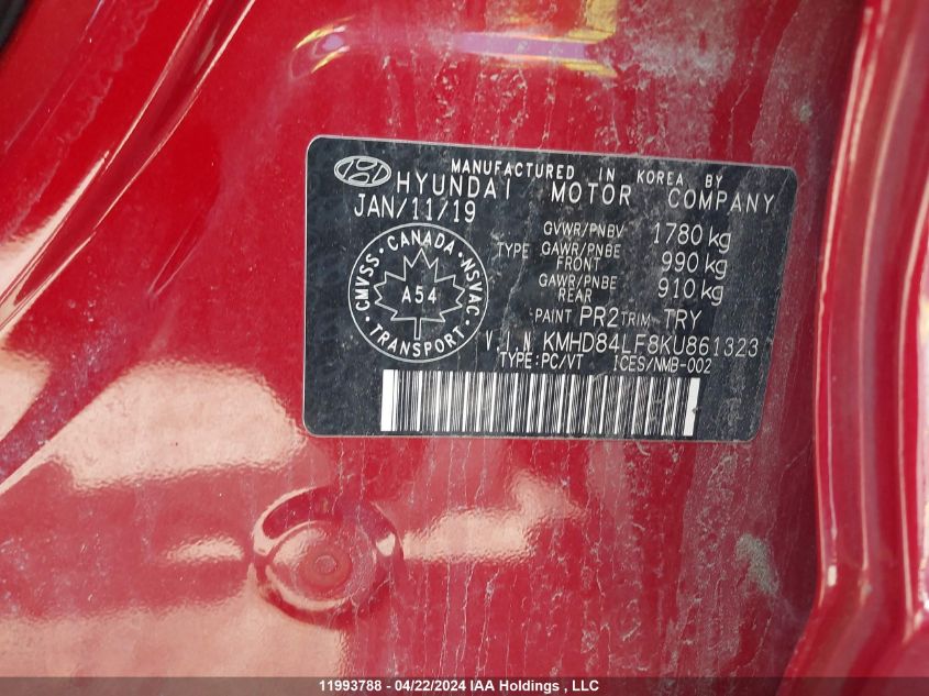 2019 Hyundai Elantra VIN: KMHD84LF8KU861323 Lot: 11993788