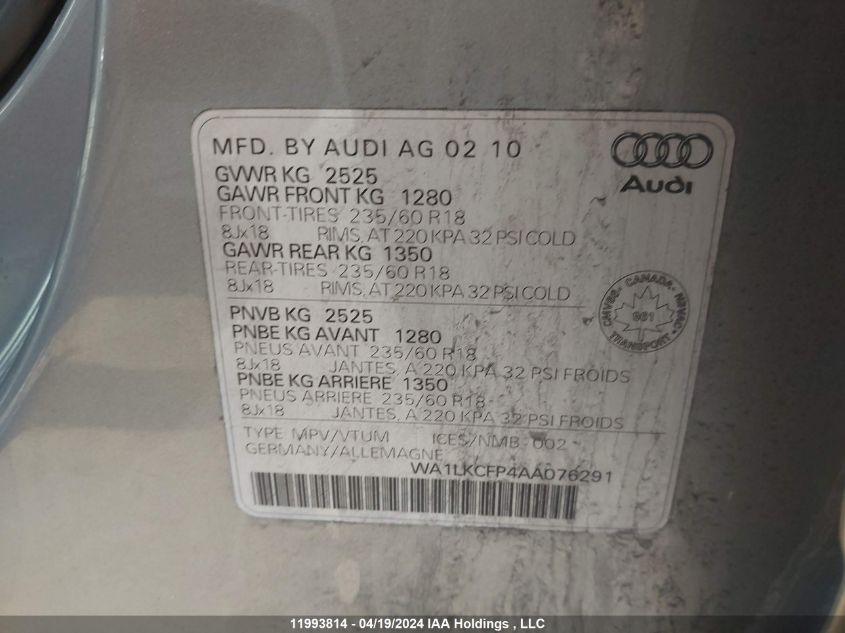 2010 Audi Q5 VIN: WA1LKCFP4AA076291 Lot: 11993814