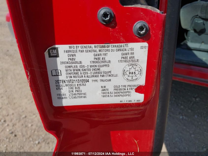 2001 GMC Sierra 1500 VIN: 2GTEK19T211310594 Lot: 11993871