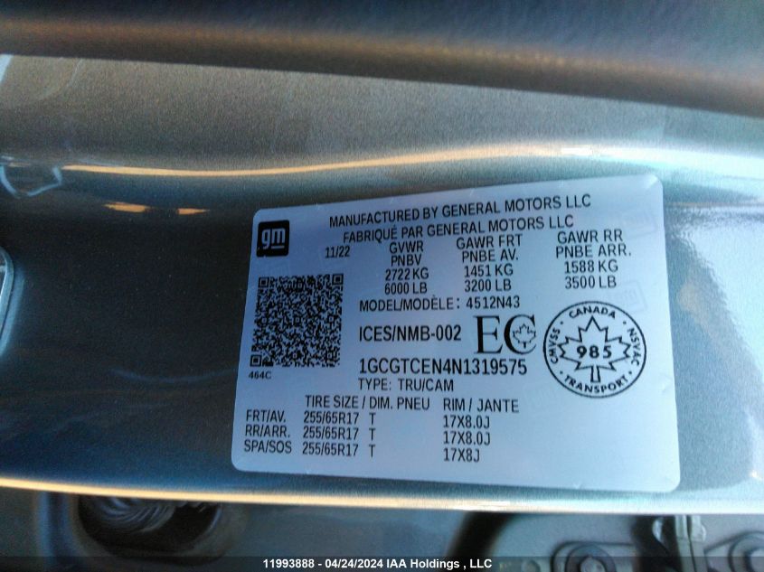 2022 Chevrolet Colorado VIN: 1GCGTCEN4N1319575 Lot: 11993888