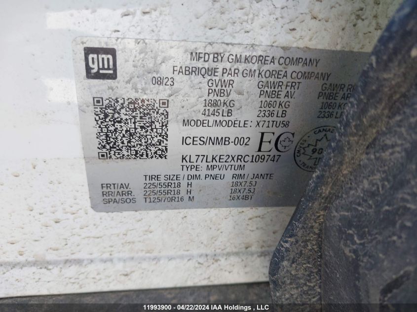 2024 Chevrolet Trax VIN: KL77LKE2XRC109747 Lot: 11993900