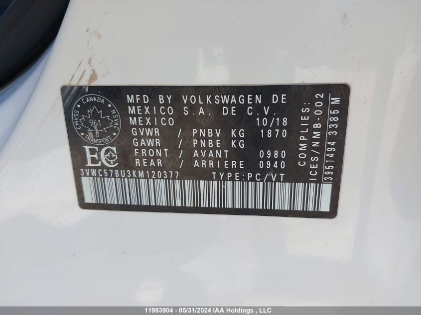 2019 Volkswagen Jetta VIN: 3VWC57BU3KM120377 Lot: 11993904