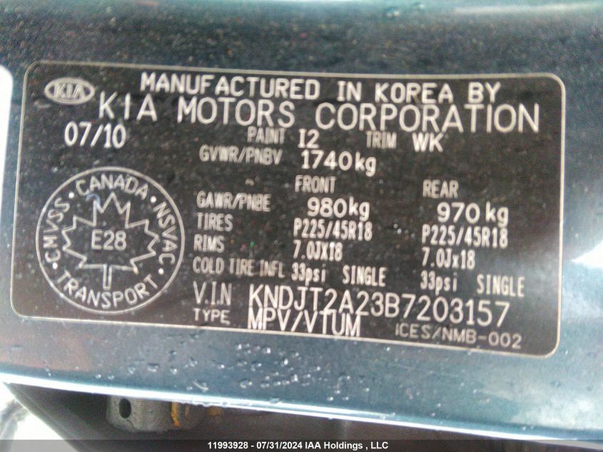 2011 Kia Soul VIN: KNDJT2A23B7203157 Lot: 11993928