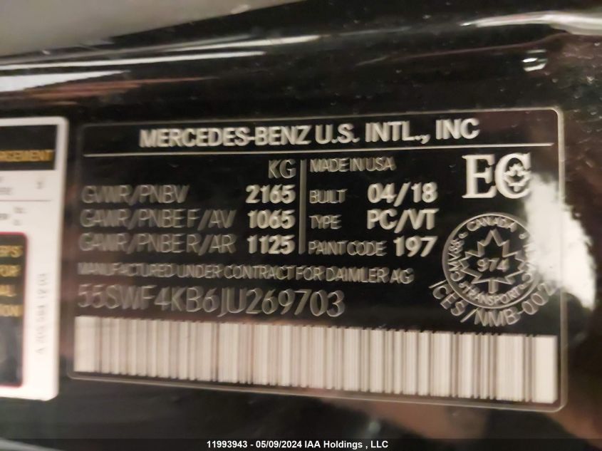 2018 Mercedes-Benz C 300 4Matic VIN: 55SWF4KB6JU269703 Lot: 11993943