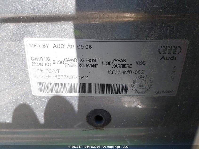 2007 Audi A4 VIN: WAUEH78E77A074542 Lot: 11993957