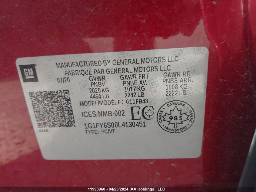 2020 Chevrolet Bolt Ev VIN: 1G1FY6S00L4130451 Lot: 11993960