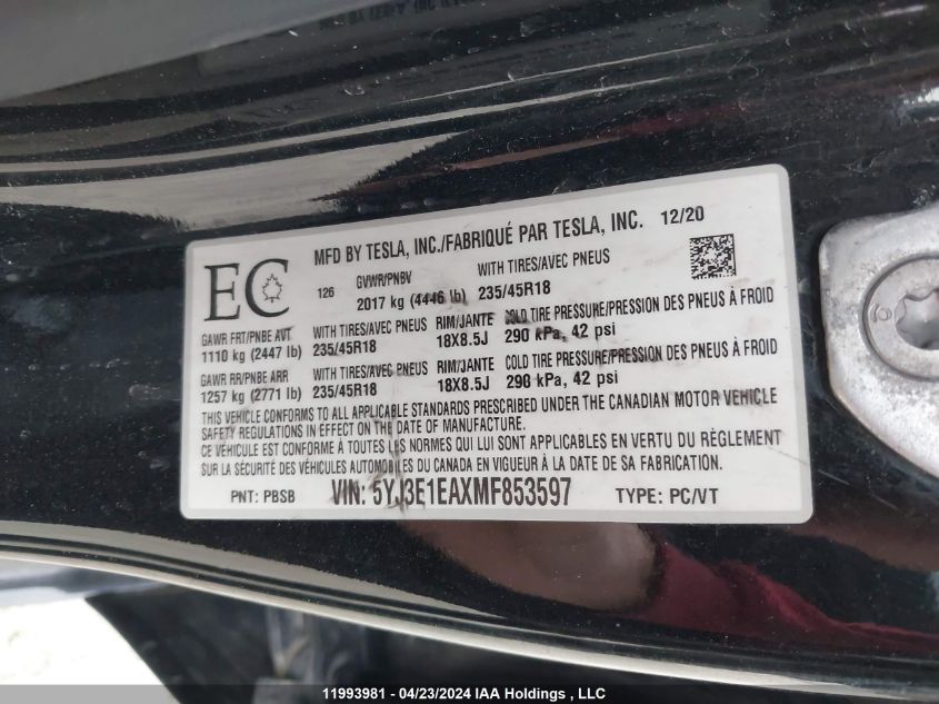 2021 Tesla Model 3 VIN: 5YJ3E1EAXMF853597 Lot: 11993981