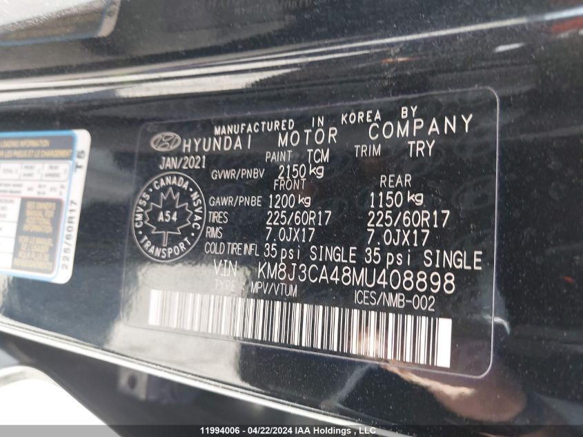 2021 Hyundai Tucson Limited/Sel/Sport/Ultimate/Value VIN: KM8J3CA48MU408898 Lot: 11994006