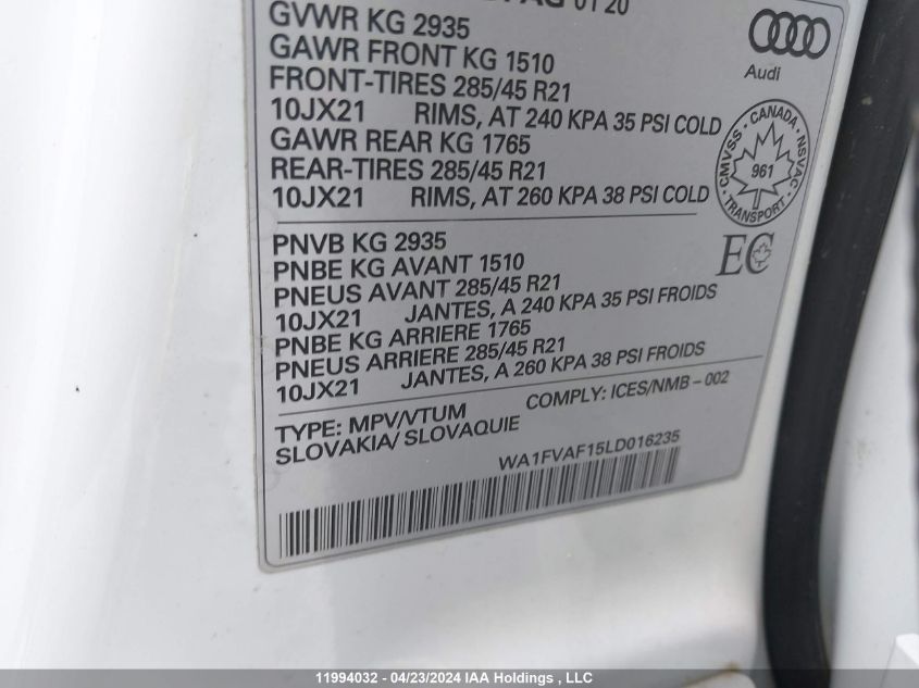 2020 Audi Q8 VIN: WA1FVAF15LD016235 Lot: 11994032