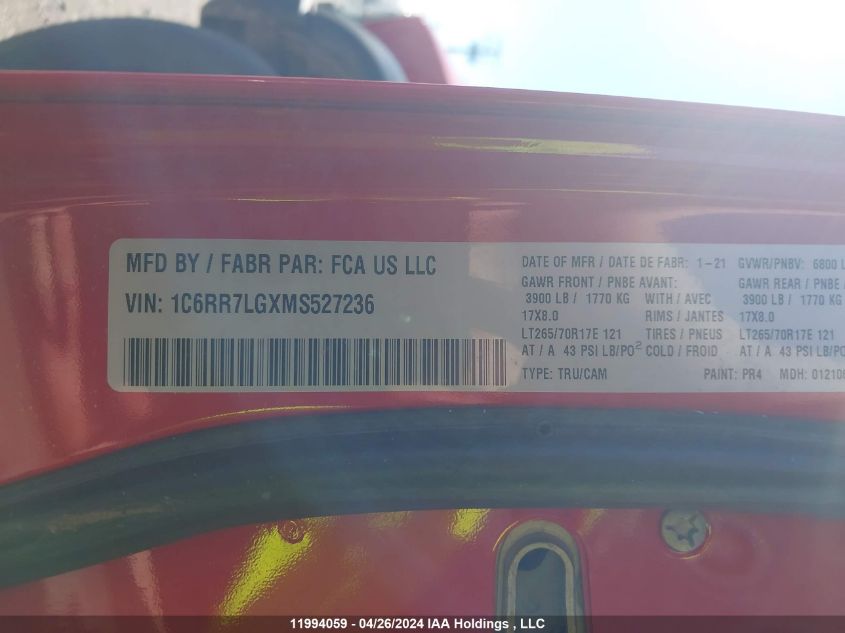 2021 Ram 1500 Classic Slt VIN: 1C6RR7LGXMS527236 Lot: 11994059