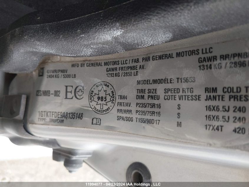 2010 GMC Canyon Slt VIN: 1GTKTFDE9A8135148 Lot: 11994077