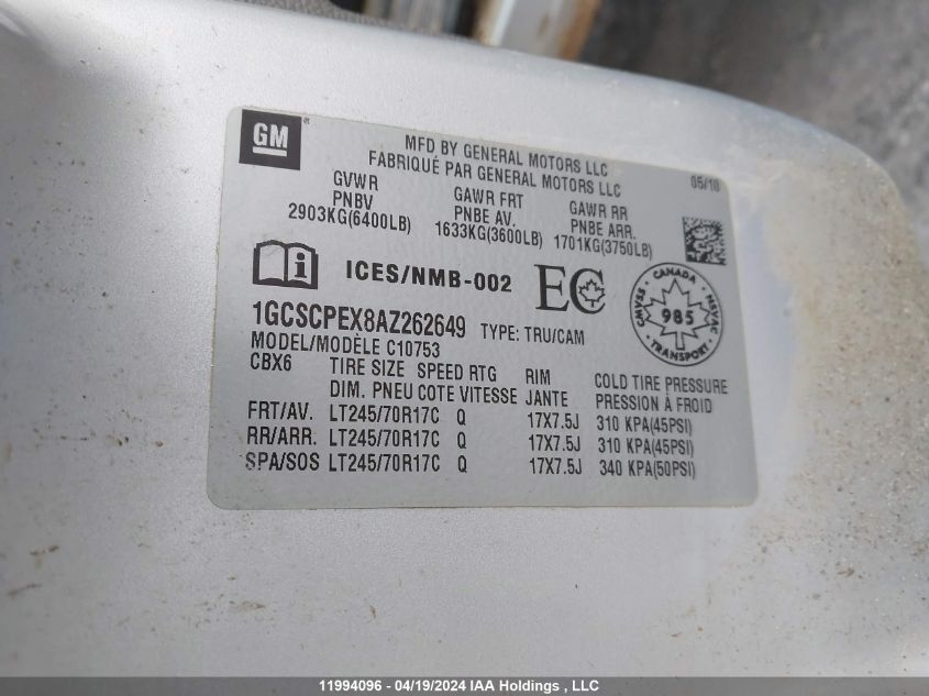 2010 Chevrolet Silverado 1500 VIN: 1GCSCPEX8AZ262649 Lot: 11994096