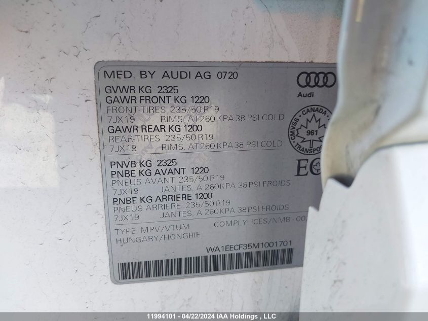 2021 Audi Q3 VIN: WA1EECF35M1001701 Lot: 11994101