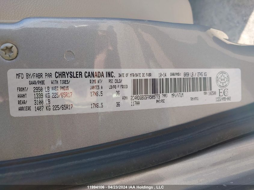 2015 Dodge Grand Caravan VIN: 2C4RDGBG5FR509773 Lot: 11994106