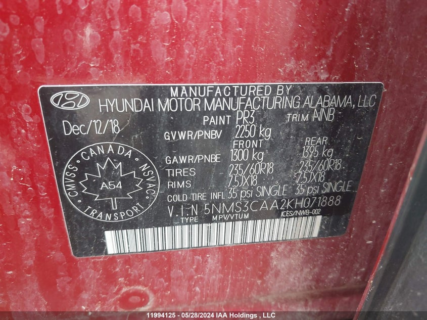 2019 Hyundai Santa Fe Luxury VIN: 5NMS3CAA2KH071888 Lot: 11994125