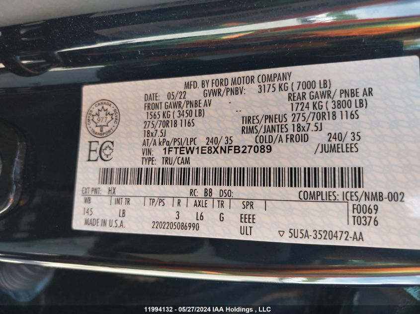 2022 Ford F150 Supercrew VIN: 1FTEW1E8XNFB27089 Lot: 11994132