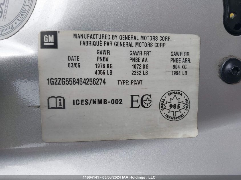 2006 Pontiac G6 Se1 VIN: 1G2ZG558464256274 Lot: 11994141