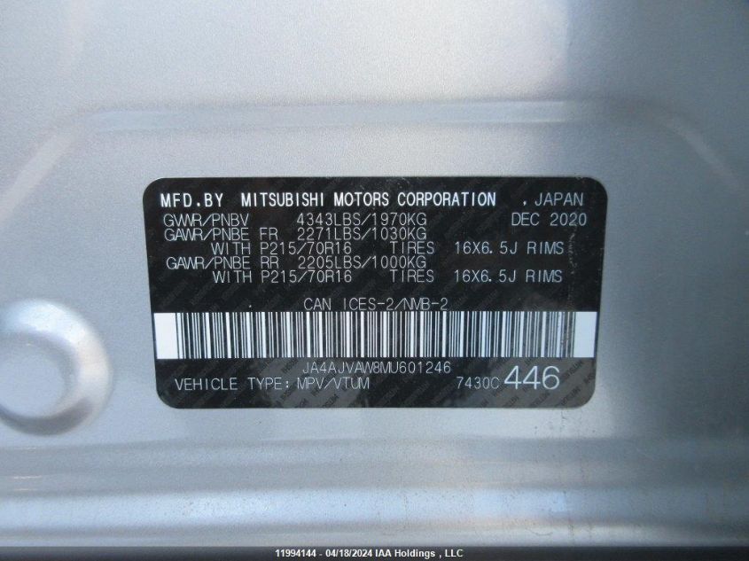 2021 Mitsubishi Rvr Se/Sel/Le/Gt VIN: JA4AJVAW8MU601246 Lot: 11994144