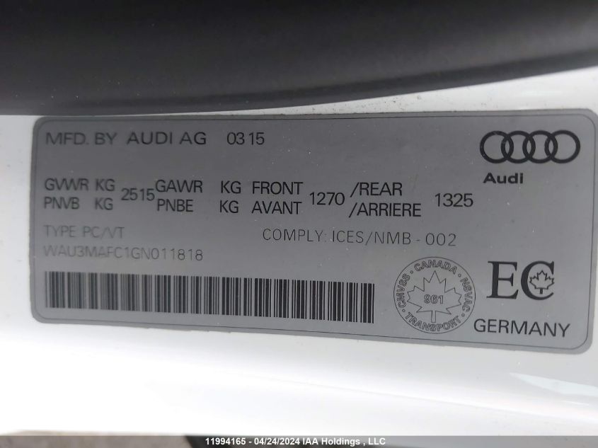 2016 Audi A7 Quattro Prog/Technik S Ln VIN: WAU3MAFC1GN011818 Lot: 11994165