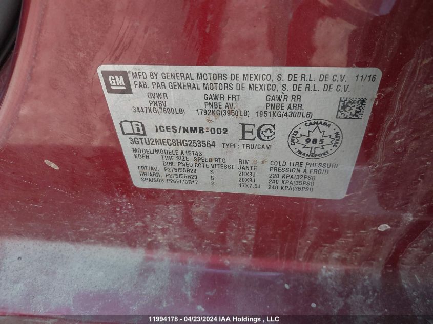 2017 GMC Sierra K1500 Sle VIN: 3GTU2MEC8HG253564 Lot: 11994178