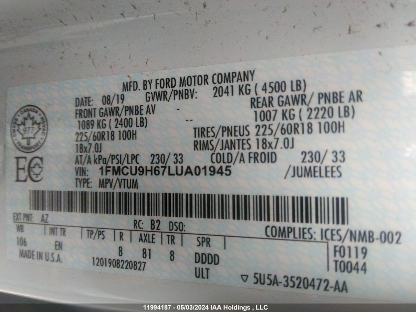 2020 Ford Escape Sel VIN: 1FMCU9H67LUA01945 Lot: 11994187