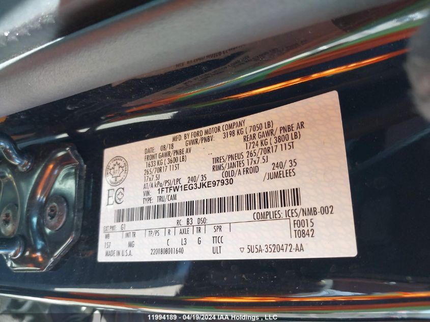 2018 Ford F150 Supercrew VIN: 1FTFW1EG3JKE97930 Lot: 11994189
