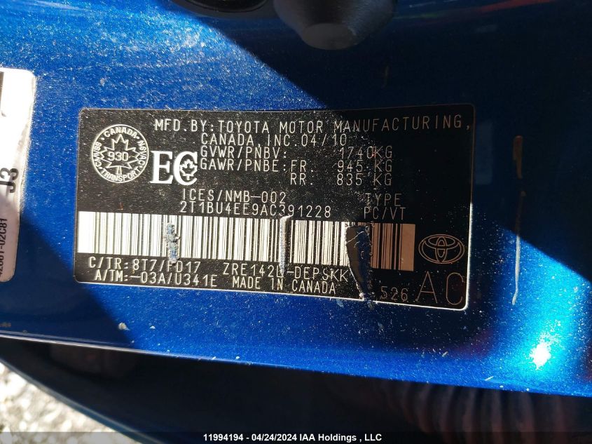 2010 Toyota Corolla S/Le/Xle VIN: 2T1BU4EE9AC391228 Lot: 11994194