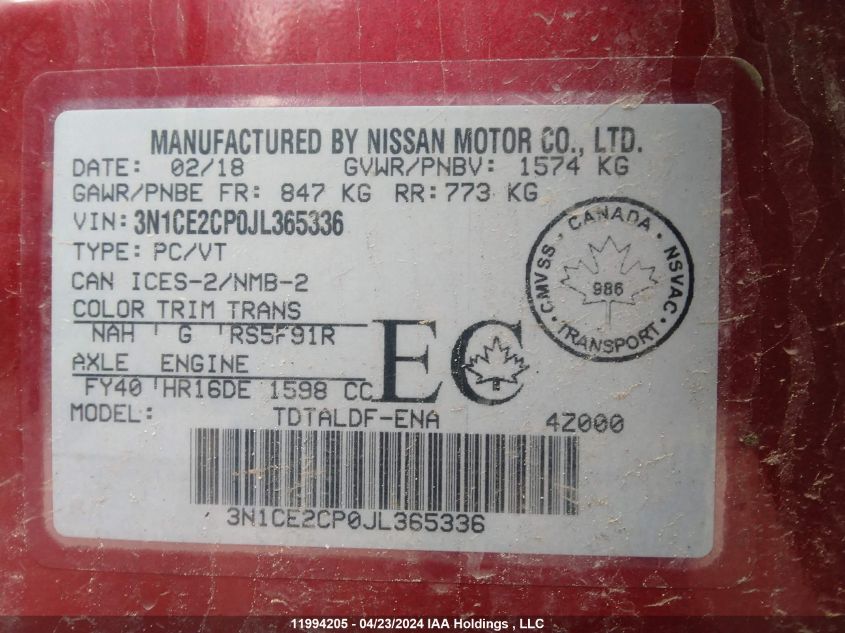 2018 Nissan Versa Note S/Sr/Sv VIN: 3N1CE2CP0JL365336 Lot: 11994205