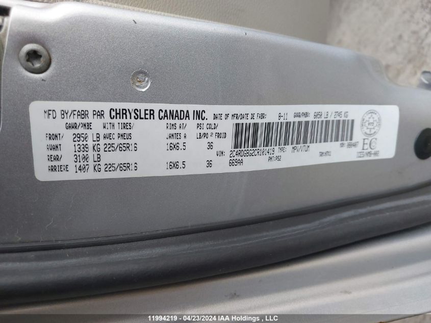 2012 Dodge Grand Caravan Se VIN: 2C4RDGBG2CR101419 Lot: 11994219