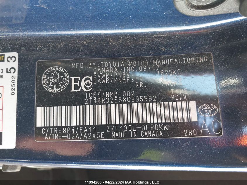 2008 Toyota Corolla Ce/Le/S VIN: 2T1BR32E58C895592 Lot: 11994265
