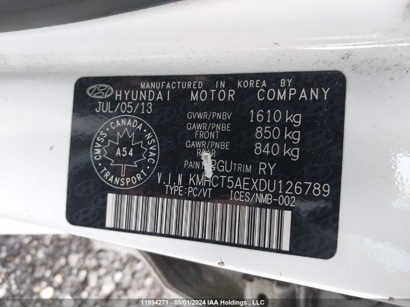 2013 Hyundai Accent Gl VIN: KMHCT5AEXDU126789 Lot: 11994271