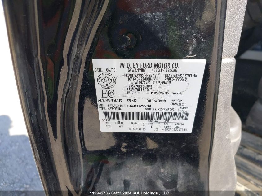 2010 Ford Escape Xlt VIN: 1FMCU0D79AKD29239 Lot: 11994273