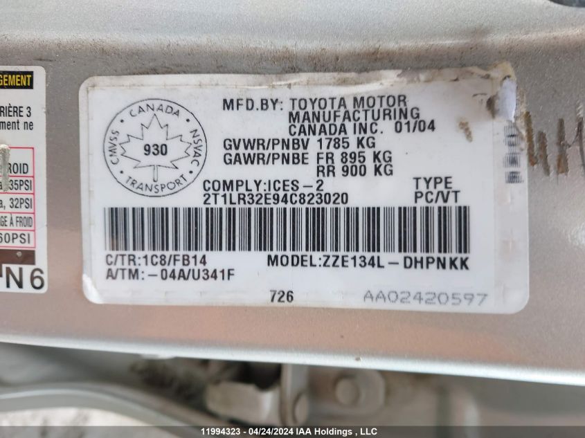 2T1LR32E94C823020 2004 Toyota Matrix Xr