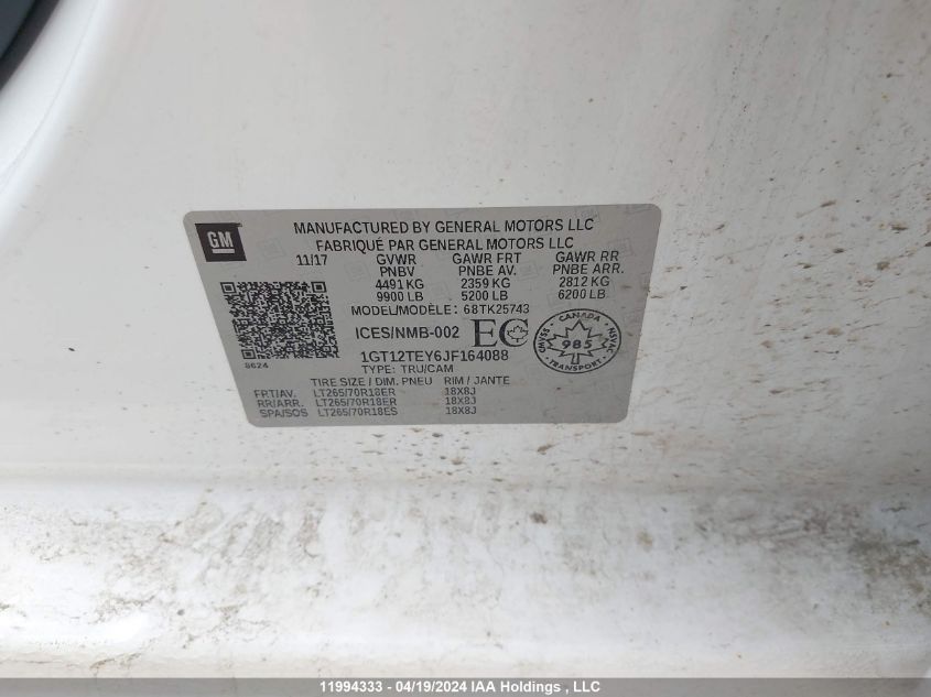 2018 GMC Sierra K2500 Slt VIN: 1GT12TEY6JF164088 Lot: 11994333