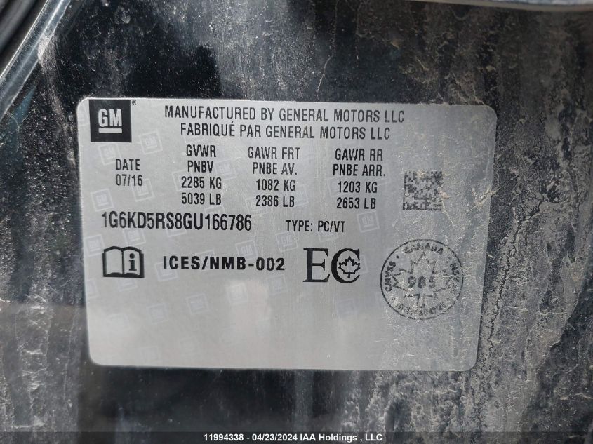 2016 Cadillac Ct6 VIN: 1G6KD5RS8GU166786 Lot: 11994338