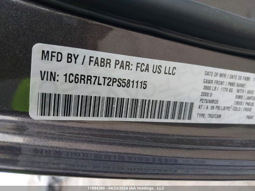 2023 Ram 1500 Classic Slt VIN: 1C6RR7LT2PS581115 Lot: 11994360