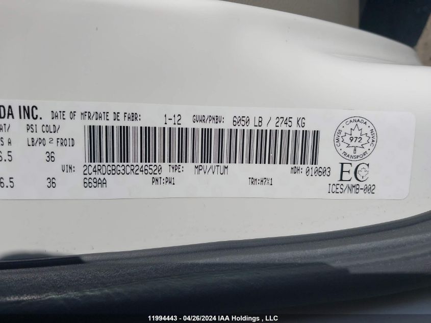 2012 Dodge Grand Caravan VIN: 2C4RDGBG3CR246520 Lot: 11994443