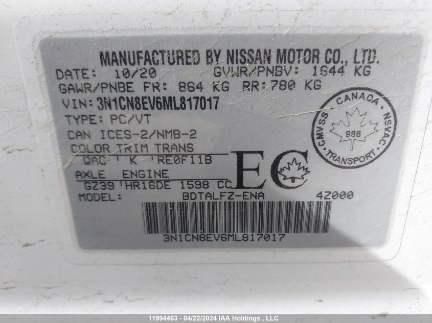 2021 Nissan Versa VIN: 3N1CN8EV6ML817017 Lot: 11994463