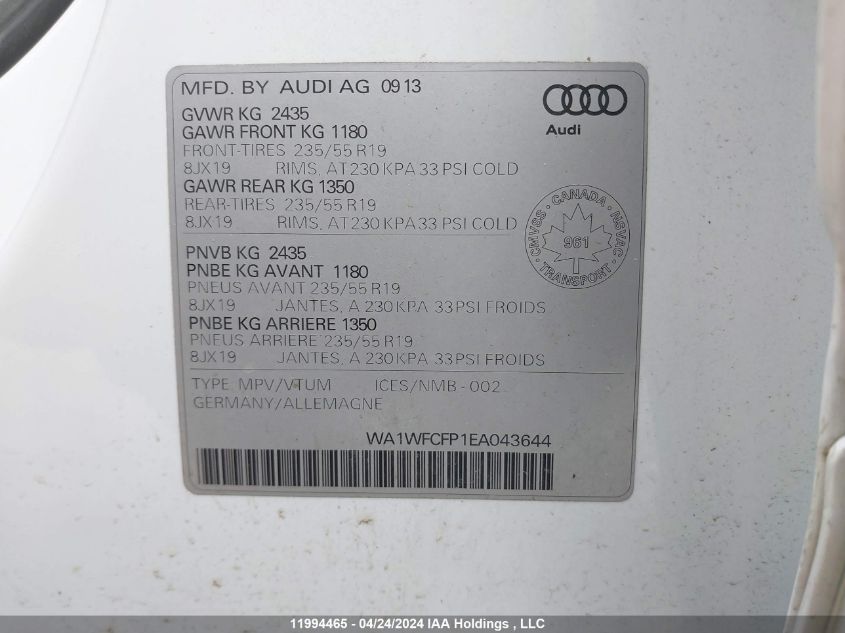 2014 Audi Q5 VIN: WA1WFCFP1EA043644 Lot: 11994465