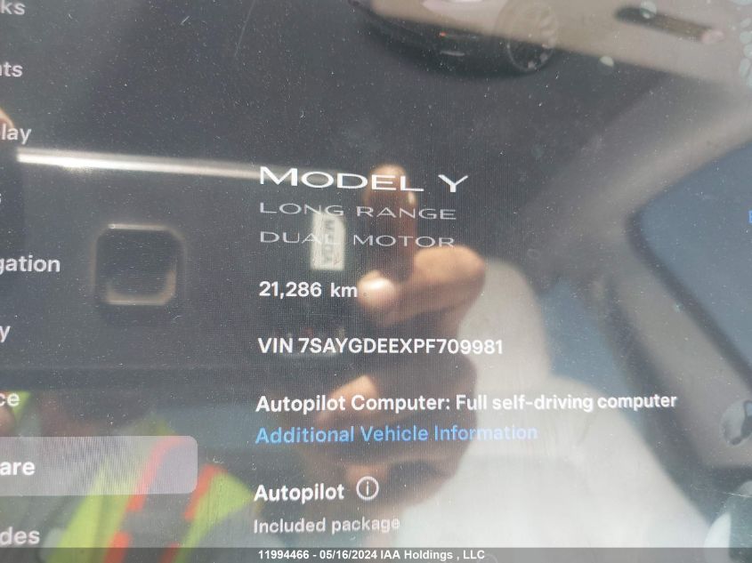 2023 Tesla Model Y VIN: 7SAYGDEEXPF709981 Lot: 11994466